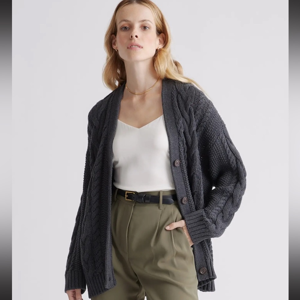 quince organic cotton cable knit cardigan size small